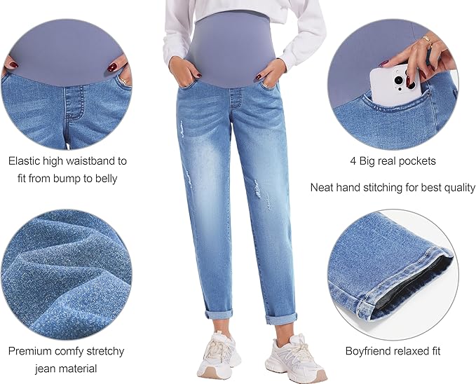 POSHGLAM Women's Maternity Jeans Over Belly Comfy Stretch 28'' Boyfriend Jeans Loose Pregnancy Pants, S-XXL