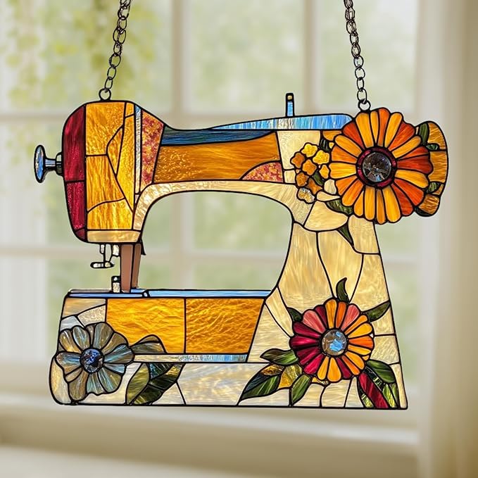 Sewing Machine Acrylic Suncatcher Stained Glass Effect Window Car Hanging Christmas Ornament Indoor Outdoor Decor Garden Sun Catcher Panel Gifts for Sewing Lover for Women Mom Grandma
