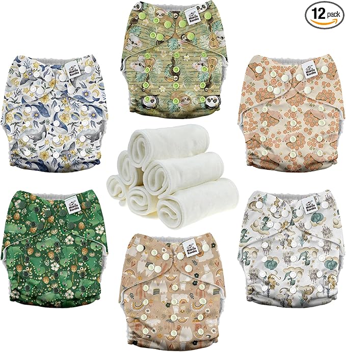 Mama Koala 3.0 Pocket Cloth Diapers for Babies with AWJ Lining, 6 Pack with 6 4-Layer Natural Cloth Diaper Inserts - Reusable and Washable Pocket Diapers (Animal Legends)