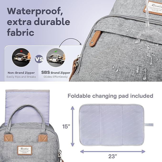 RUVALINO Diaper Bag Backpack-Expandable Baby Bag with up to 50% Capacity -Baby Essentials Bag with Changing Pad Insulated Bottle Holders & Pacifier Case, Waterproof, Gray XL
