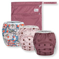 Nora's Nursery Reusable Swim Diapers and Wet Bag - One Size Fully Adjustable - Charleston Rose Unisex 3 Pack with Wet Bag