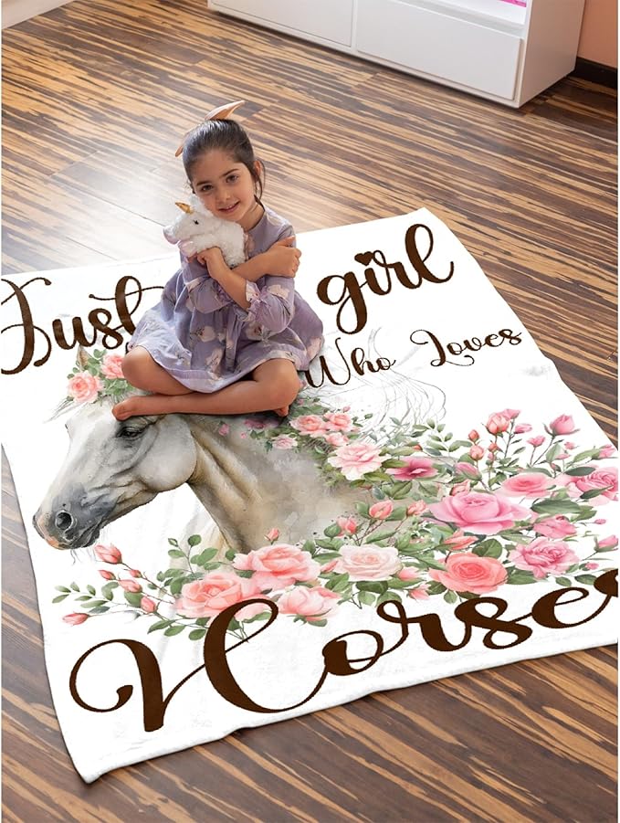 Just A Girl Who Loves Horses Blanket for Teen Flowers Animals Throw Blanket Gifts for Girls Boys Soft Throws Blankets All Seasons 50×60 Inches for Bed Office