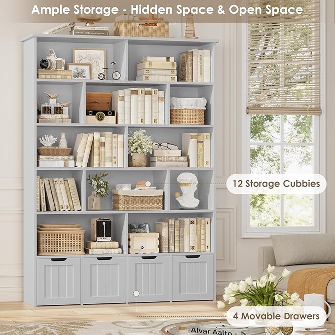FINETONES 69" H Toy Storage Organizer, 6 Tier Tall Kids Bookshelf with 4 Movable Drawers and 12 Storage Cubbies, 49.4" W Toy Organizers and Storage Organizer Playroom Storage for Kids Room, Grey