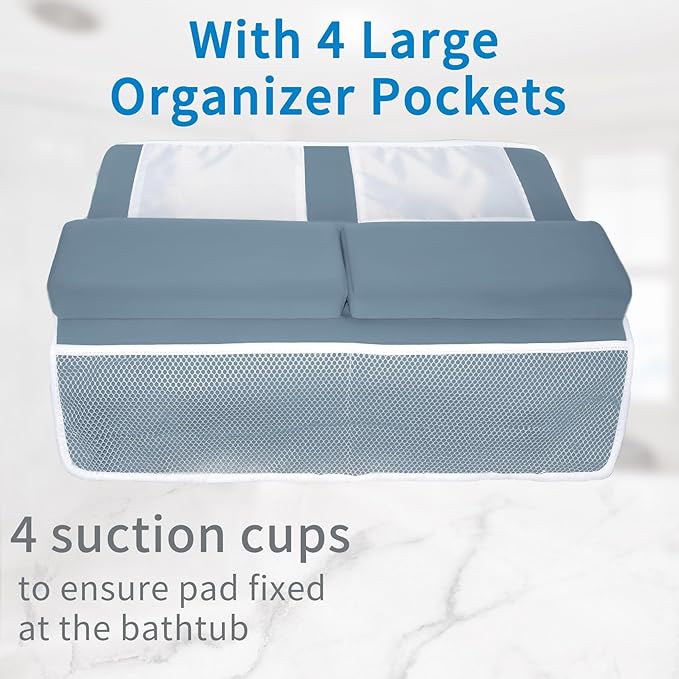 JJGoo Bath Kneeler with Elbow Rest Pad Set, 1.5 inch Kneeling Pad Mat for Bathtub Baby Bathing Parents, Painless Foam Mat with Toy Organizer Pockets, Non-Slip for Baby and Toddler Bathing