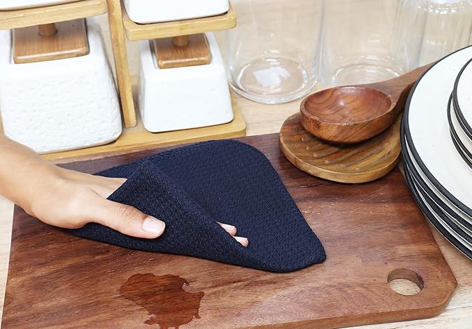 PurpleEssences Dish Cloths and Dish Rags - 8 Pack Waffle Weave Solid Kitchen Dish Wash Cloths, 100% Cotton, 12 x 12 Inches, Ultra Soft Absorbent Quick Drying - Fall Thanksgiving -Navy Blue