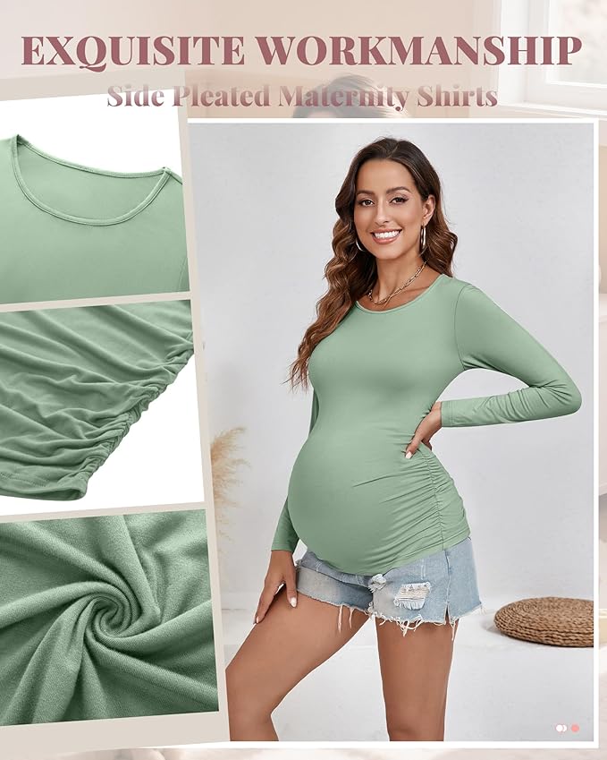 Ficerd 3 Pack Women's Maternity Shirts, Long Sleeve Side Ruched Pregnancy Tee Tops Crew Neck Casual Mama Clothes Basic Tunic