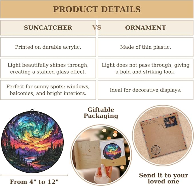 Northern Lights Aurora Acrylic Suncatcher Stained Glass Effect Window Car Hanging Christmas Ornament Indoor Outdoor Decor Garden Sun Catcher Panel for Nature Lover for Women Mom Grandma