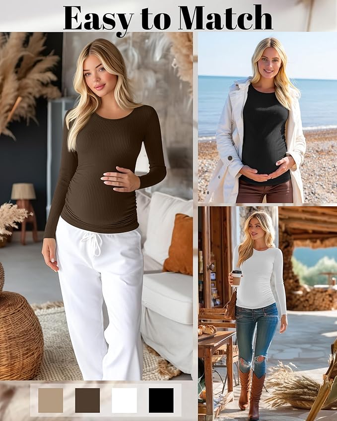 Huukeay 4 Pack Women's Maternity Shirts, Long Sleeve Cotton Ribbed Pregnancy Tops Side Ruched Crew Neck Casual Mama Clothes