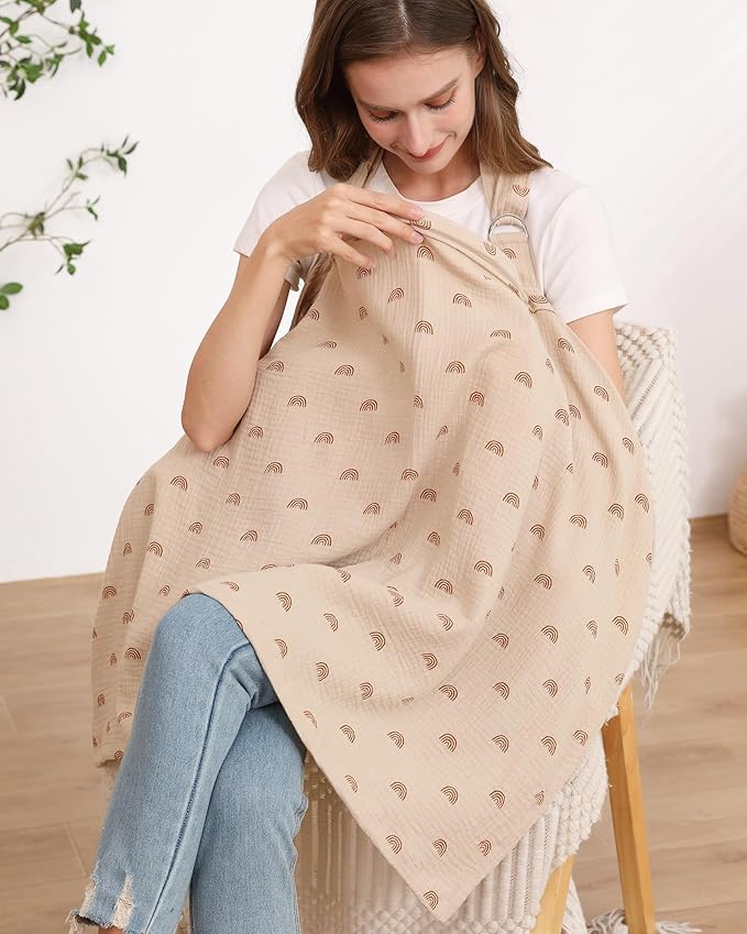 Muslin Nursing Cover for Baby Breastfeeding, Breathable 100% Cotton Breastfeeding Cover with Rigid Hoop for Mother Nursing Apron (Ivory Rainbow)