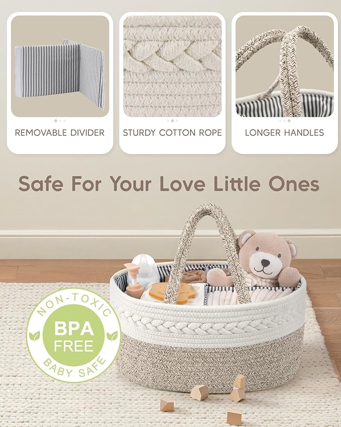 Maliton Extra Large Baby Diaper Caddy Organizer, Cotton Rope Nursery Basket, Portable Diaper Organizer for changing table, Car, Diaper Storage Organizer for Baby Stuff, Baby Shower Gifts for Newborn