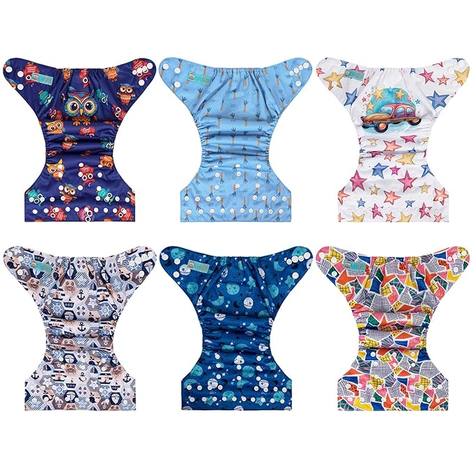 ALVA 6 Pack Cloth Diaper with 12 Inserts One Size Adjustable Washable Reusable Diaper Cover for Baby Girls and Boys
