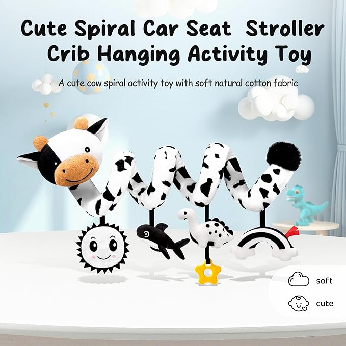 Spiral Car Seat Baby Toys 0-6 Months, Infant Carseat High Contrast Sensory Toys Hanging Stroller Accessories, Newborn for Baby Boys Girls Essentials Stuff, Cute Black and White Cow