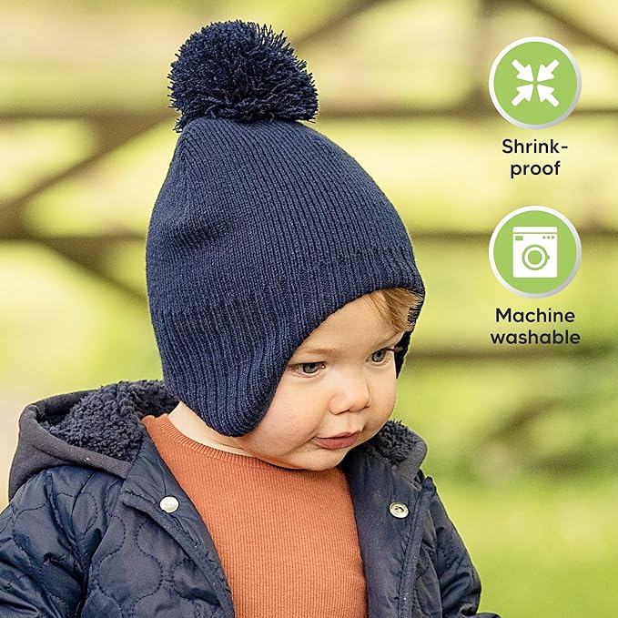Baby Beanies, Baby Hats for Boys, Girls - Cute Toddler Winter Hat, Soft & Stretchy Beanies for Infant, Newborn 6-36 Months, Cozy & Warm with Earflap Muff & Pom (Taupe)