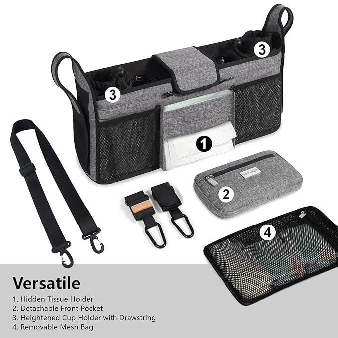 TOPDesign Universal Baby Stroller Organizer, Double Stroller Caddy with Detachable Mesh Bag & Heightened Insulated Cup Holders & Non-Slip Secure Hooks Accessories, Fits Most Strollers (Black)