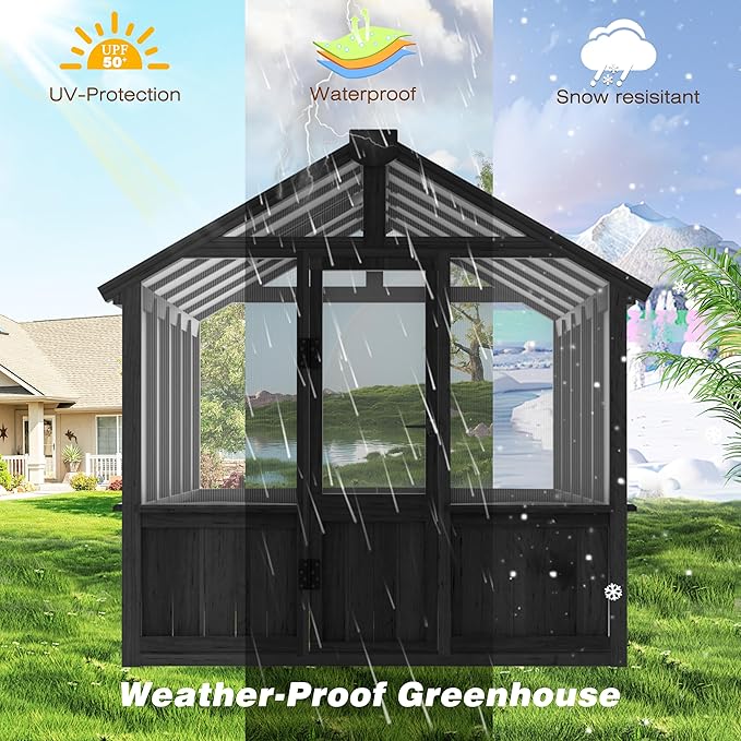 MUPATER 6 x 10 FT Wooden Polycarbonate Greenhouse with Ventilated Window & Lockable Door, Multi-Layer PC Panels for UV Protection, Walk-in Greenhouse Kit for Outdoor, Garden and Backyard, Black