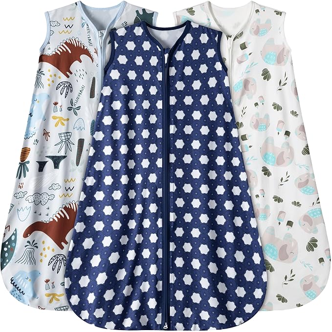 Baby Sleep Sack 12-18 Months 3 Pack Baby Wearable Blanket 100% Rayon Cotton 2-Way Zipper Toddler Sleeping Sack .Comfy Soft Lightweight TOG 0.3 (Elephant&Dinosaur&Hexagon,)