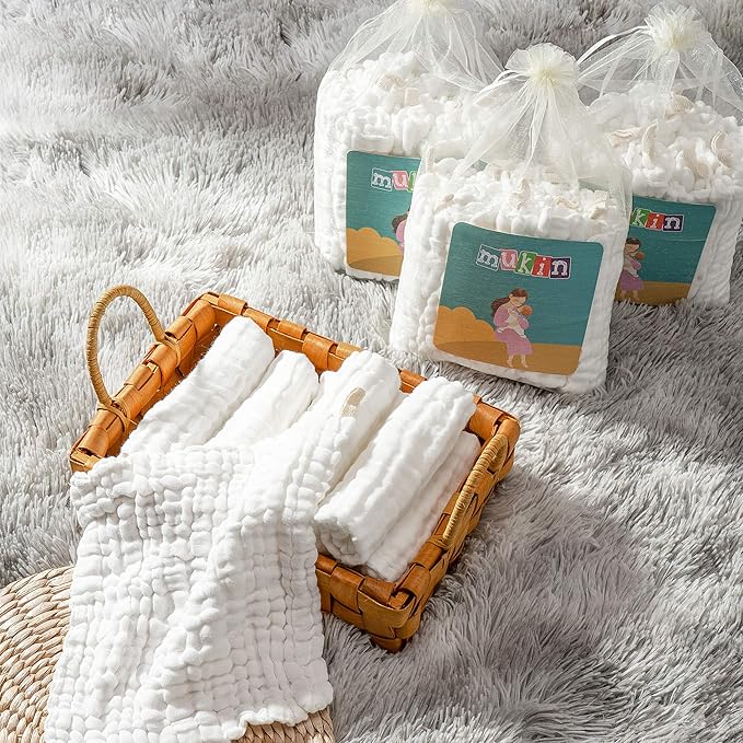 Baby Muslin Washcloths- Natural Cotton Wipes - Soft Newborn Face Towel for Sensitive Skin- Registry as Shower, 10 Pack 12x12 inches by MUKIN (White)