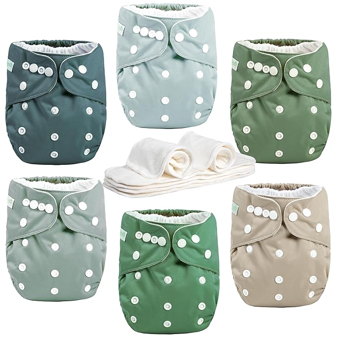 wegreeco Cloth Diapers 6 Pack with 6 Inserts & 1 Wet Bag, Washable Cloth Diapers for Babies, One Size Adjustable Reusable (Green)