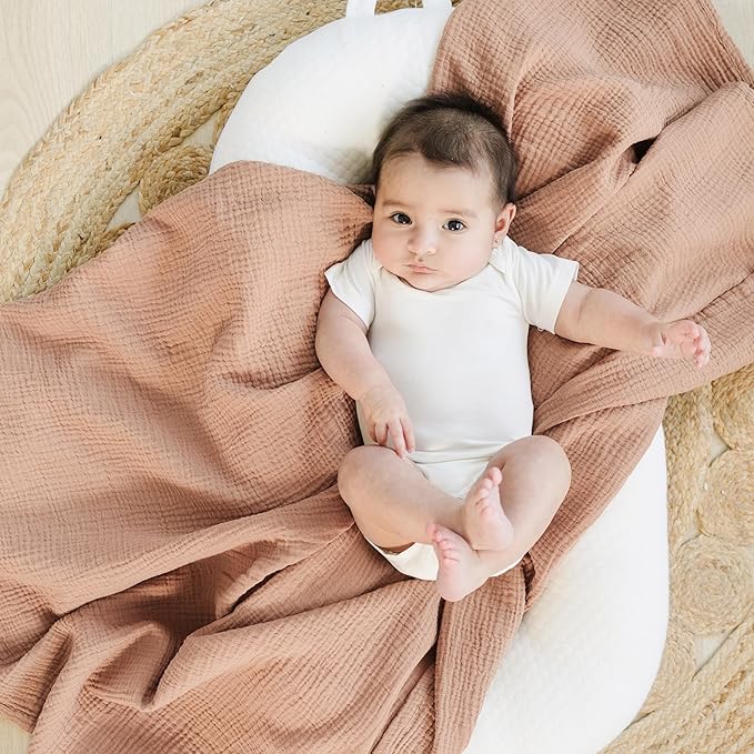 Konssy Muslin Swaddle Blankets for Boys Girls, 2 Pack Receiving Baby Blanket Large 47 x 47 inches, Soft Breathable Swaddling Wrap for Unisex Newborn (Flourish, Toffee)