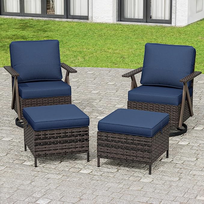 Outdoor Swivel Rocker Chairs Set of 4, Wicker Swivel Patio Chair with Ottomans, Patio Furniture Set for Outside Backyard