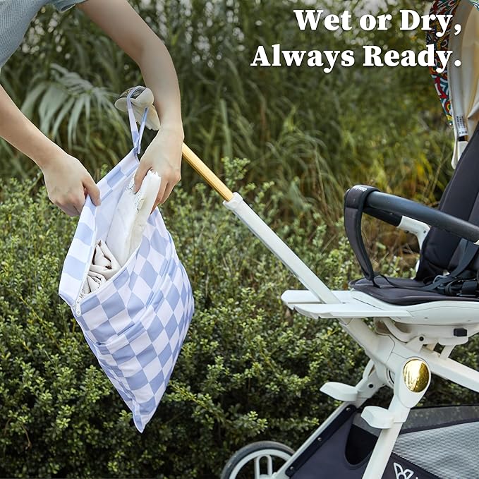 Blue Checkered Waterproof Wet Dy Diaper Bag for Baby Essentials, Travel, Swimsuit, Beach Bag Accessories, Aesthetic Trendy Cute Toddler Baby Bag Pouch, Pack of 2