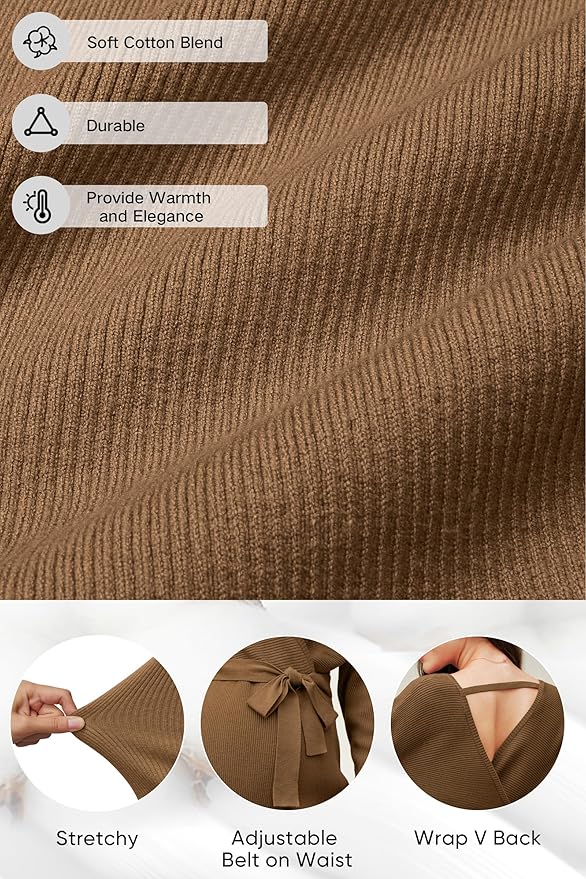 OUGES Womens Soft Cotton Blend Maternity Sweater Wrap V Neck Long Sleeve V Back Fall Shirts Pregnancy Outfits with Belt