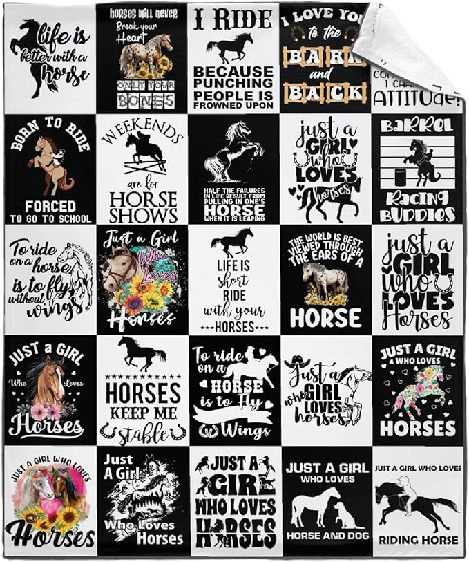 Horse Blanket for Teen Black White Throw Blanket Gifts for Girls Boys Soft Throws Blankets All Seasons 50×60 Inches for Bed Office
