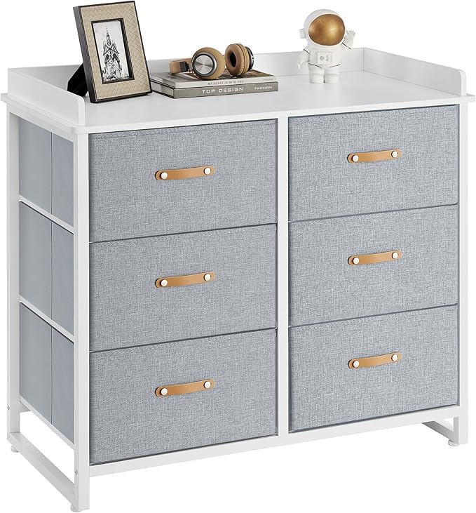 SONGMICS Kids Dresser with 6 Drawers, Boys Girls Dresser, with Water-Resistant Tabletop, Storage Organizer Cabinet, for Bedroom Hallway, Gray UGKR101G01