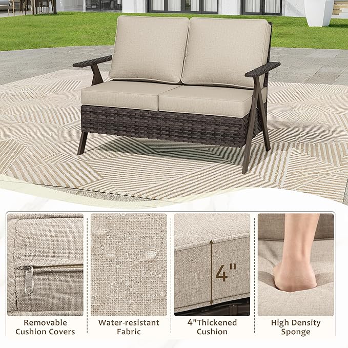Patio Loveseat, All-Weather Wicker Rattan 2 Seater Sofa with Cushions, Outdoor Patio Furniture Sofa Set for Patio, Balcony, Backyard, Deck, Poolside
