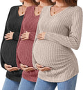Ficerd 3 Pack Women's Maternity Shirts Ribbed Long Sleeve Pregnancy Tops V Neck Knit Side Ruched Pregnant Clothes Sweater