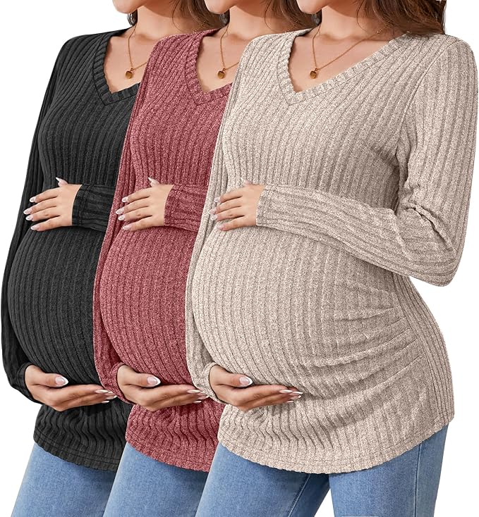 Ficerd 3 Pack Women's Maternity Shirts Ribbed Long Sleeve Pregnancy Tops V Neck Knit Side Ruched Pregnant Clothes Sweater