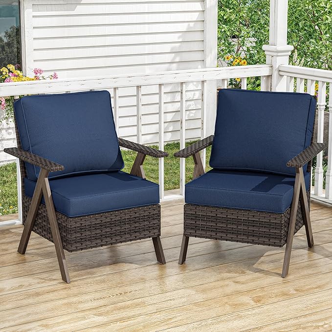 Outdoor Wicker Patio Chairs Set of 2, PE Rattan Patio Dining Chairs with Metal Frame and Deep Seating