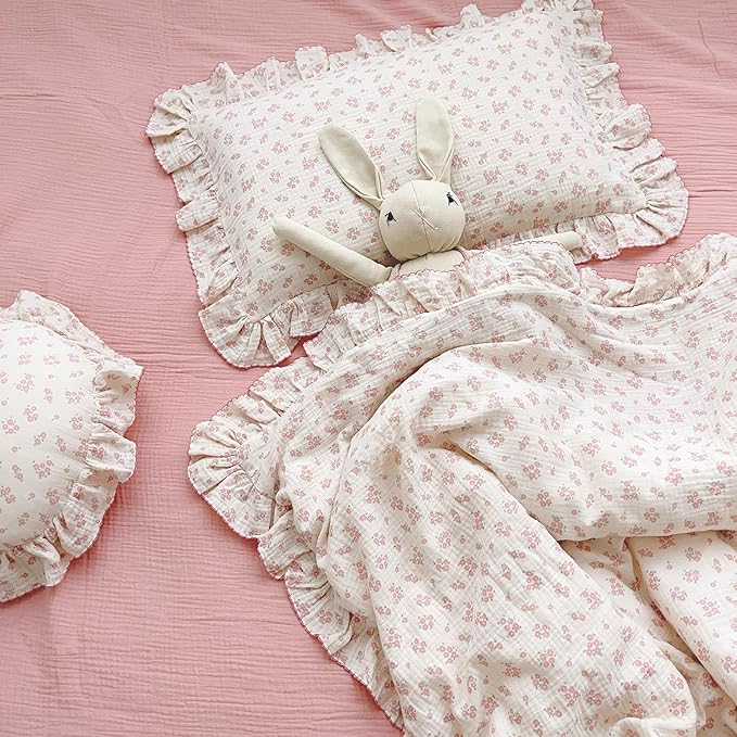 BuLuTu Cotton Muslin Kids Toddler Pillowcase with Galsang Flowers Print, Shabby Chic Nursery Pillowcases with Ruffle Edge, Boys Girls Soft Travel Pillow, Durable Pillow Cover 14"x20", 1 Piece