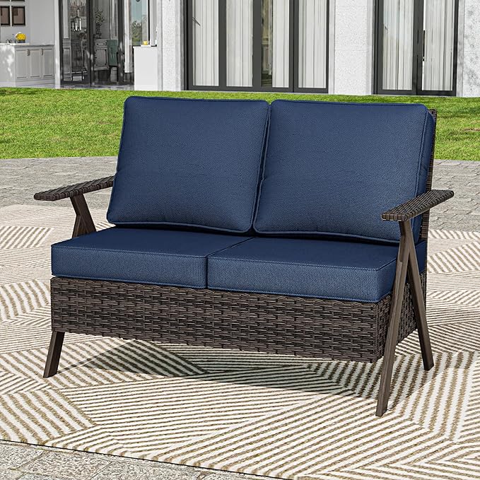Patio Outdoor Wicker Loveseat, 2-Seat Sofa with Soft Cushion, All-Weather Outdoor Couch Patio Furniture for Balcony, Poolside, Backyard, Porch