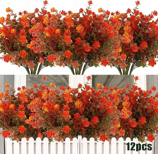 12 Bundles Artificial Outdoor Flowers UV Resistant Fake Plastic Plants No Fade Faux Fall Flowers for Hanging Planter Garden Porch Patio Window Box Wedding Thanksgiving Halloween Decor(Green Orange)