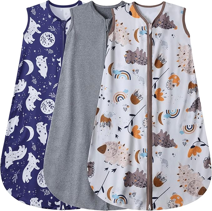 3 Pack Baby Sleep Sack 100% Rayon Cotton Baby Sleeping Bag 2-Way Zipper Toddler Wearable Blankets TOG 0.3. (Fox&Dinosaurs&Dark gray, 12-18 Months)