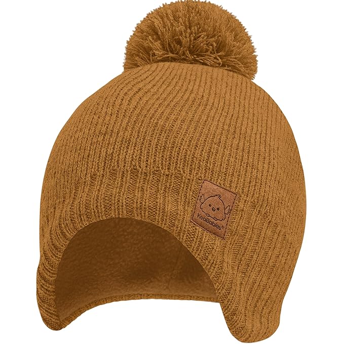Baby Beanies, Baby Hats for Boys, Girls - Cute Toddler Winter Hat, Soft & Stretchy Beanies for Infant, Newborn 6-36 Months, Cozy & Warm with Earflap Muff & Pom (Latte)