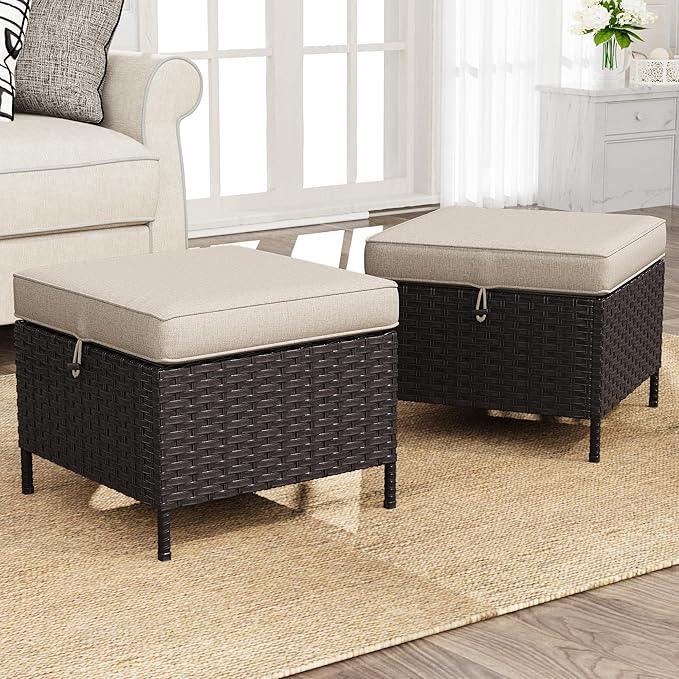 Outdoor Patio Ottoman Set of 2, All Weather Rattan Wicker Ottoman Seat, Outdoor Footstool Footrest Seat for Patio, Backyard, Poolside, Garden