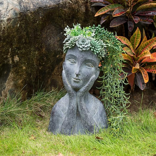 Newman House Studio Face Cactus Succulents Planter Pot - Indoor Outdoor Planter with Drainage Hole Garden Statues Cute Plants Pot Flower Pot Farmhouse Decor 11 * 8.5 * 16.5 inch