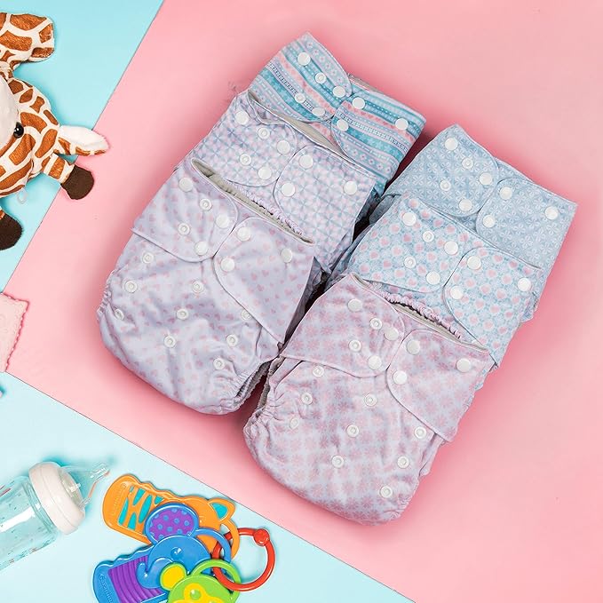 Simple Being Reusable Cloth Diapers, Double Gusset, One Size Adjustable, Washable Soft Absorbent, Waterproof Cover, Eco-Friendly Unisex Baby Girl Boy, six 4-Layers Microfiber Inserts (Stripes)