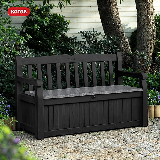 Keter Solana 70 Gallon Storage Bench Deck Box for Patio Storage, Front Porch Decor and Outdoor Seating – Perfect to Store Garden Tools and Pool Floats, Graphite