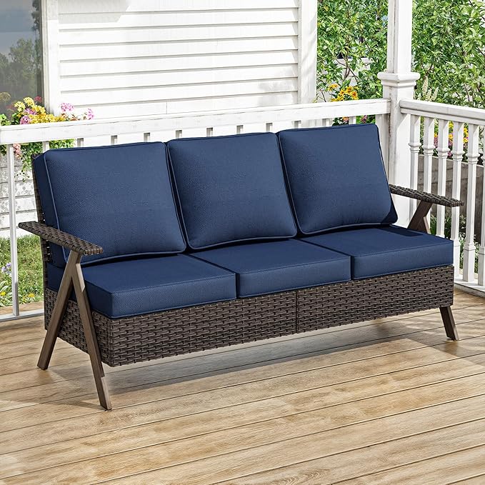 Outdoor Patio Sofa, 3 Seater Rattan Sofa for Outside, All-Weather Wicker Outdoor Sofa Couch with Metal Frame for Deck, Lawn