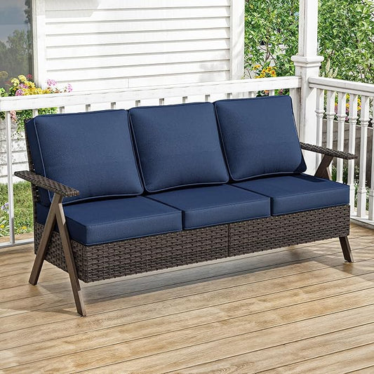 Outdoor Patio Sofa, 3 Seater Rattan Sofa for Outside, All-Weather Wicker Outdoor Sofa Couch with Metal Frame for Deck, Lawn