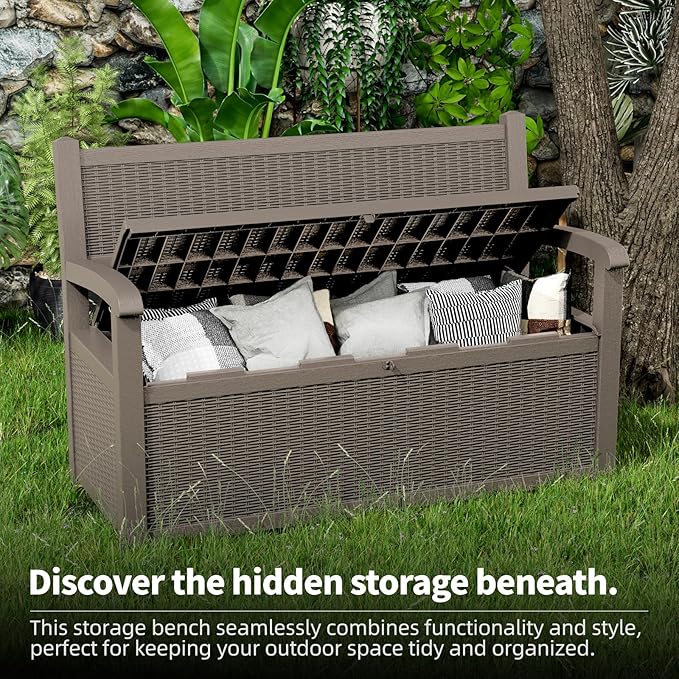 Outdoor Storage Bench - Waterproof Resin Patio Bench with Storage, All-Weather Durable Design for Garden, Deck, or Patio