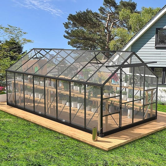 Greenhouses for Outdoors, 8x16 FT Polycarbonate Greenhouses with 4 Adjustable Roof Vents, Walk-in Aluminum Frame Green Houses for Outside with Sliding Doors Windproof, Garden