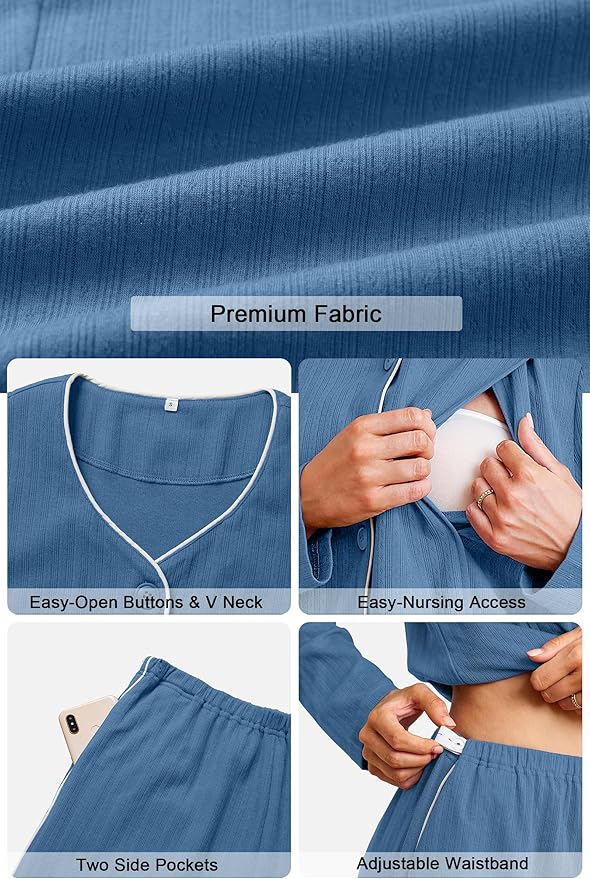OUGES 100% Cotton Women's Maternity Nursing Pajamas Sets Button Down Breastfeeding Loungewear Top & Pants with Pockets