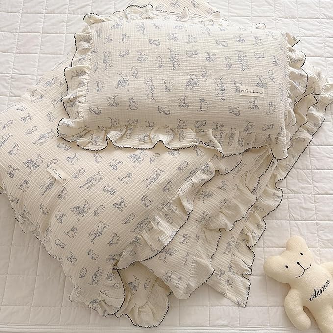 AOJIM Cotton Muslin Kids Pillowcase with Cute Cat Patterns, Super Soft Crib Nursery Pillowcase 1PC for Boys Girls, Ruffled Edges Toddler Bedding for Room Decor, Machine Washable, 14x20 Inches