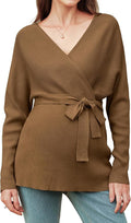 OUGES Womens Soft Cotton Blend Maternity Sweater Wrap V Neck Long Sleeve V Back Fall Shirts Pregnancy Outfits with Belt