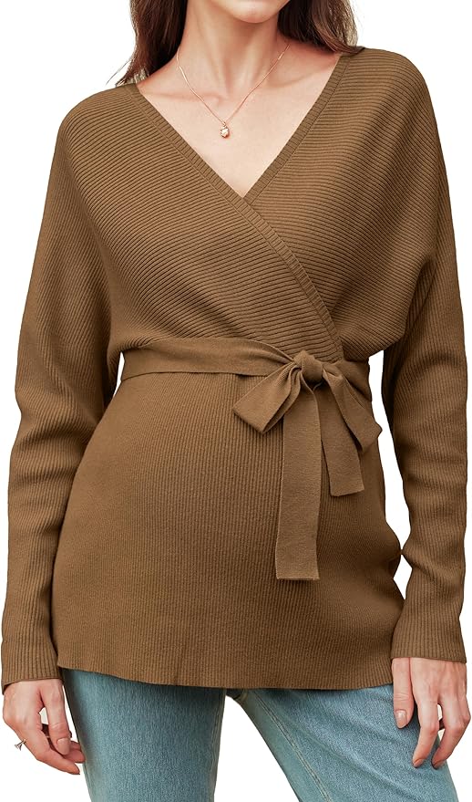 OUGES Womens Soft Cotton Blend Maternity Sweater Wrap V Neck Long Sleeve V Back Fall Shirts Pregnancy Outfits with Belt