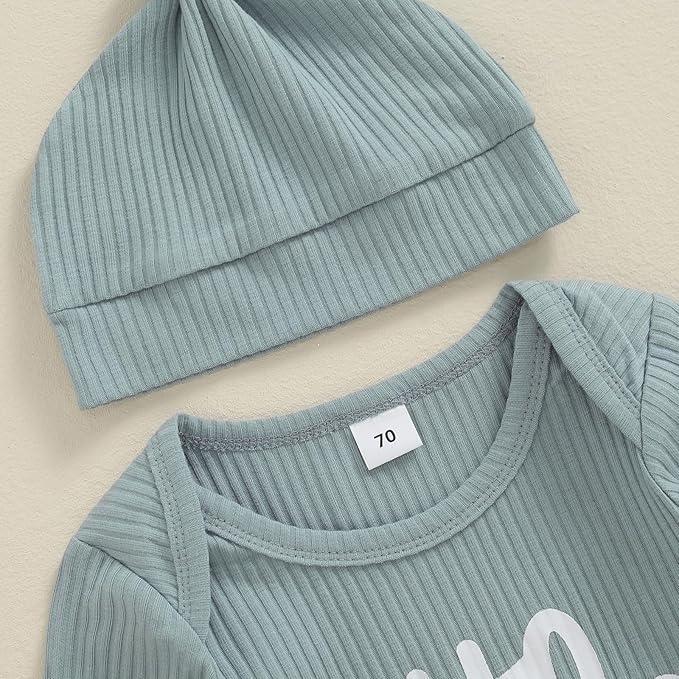 Fernvia Newborn Baby Boy Clothes Letters Print Bodysuit 3 6 9 12 18 Months Long Sleeve Jumpsuit with Hat 2PCS Outfits Set
